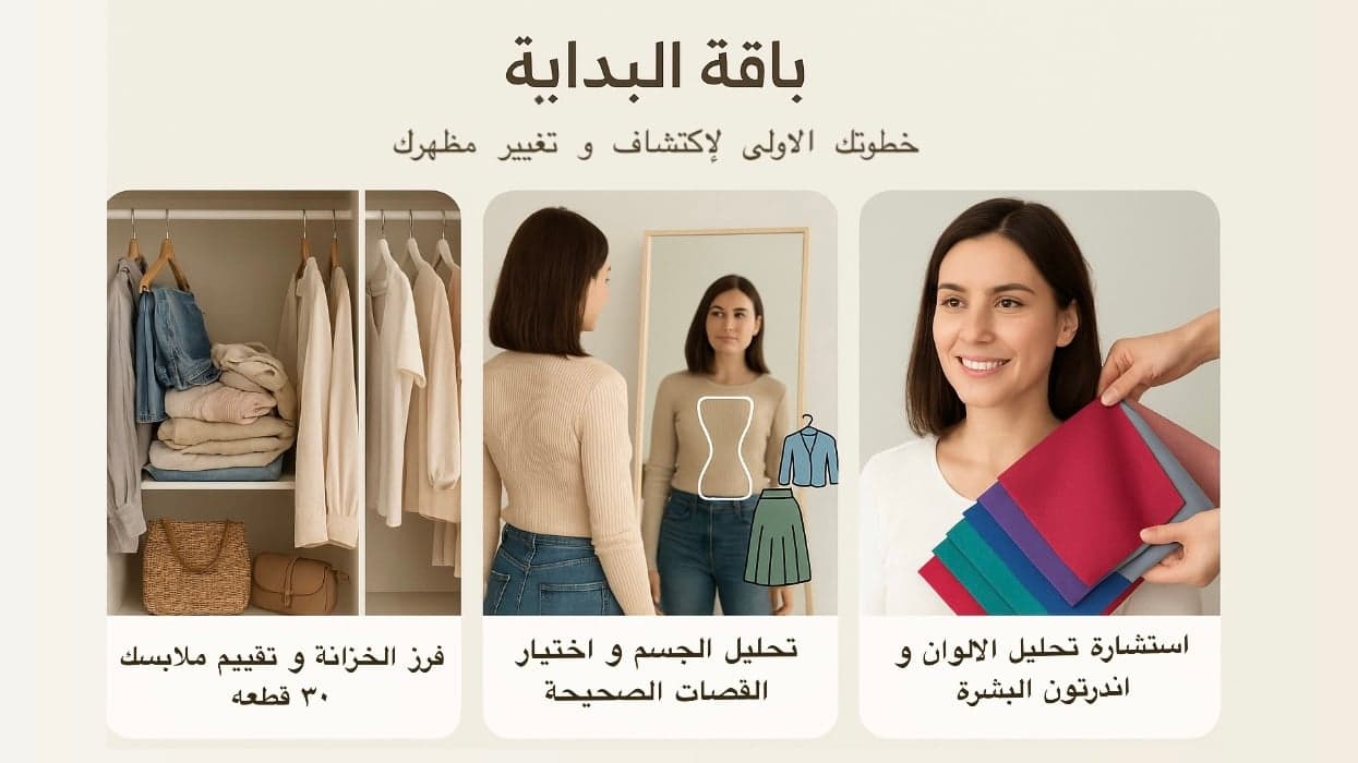 باقة البداية: ابدئي خطوتك الاولى بفرز خزانتك + تحليل نوع الجسم و اختيار الملابس + جلسة تحليل الالوان و البشرة